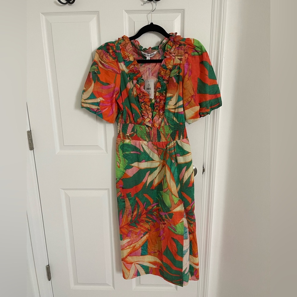 Walter Baker Orange and Green Wrap Sundress with Puff Sleeves
